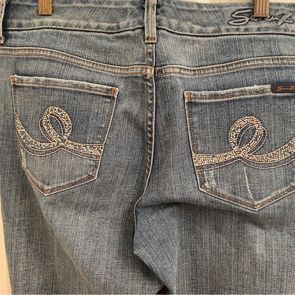 Seven7 Denim Medium Wash Mid Rise Distressed Boot Cut Blue Jeans Size 8 - Picture 5 of 6